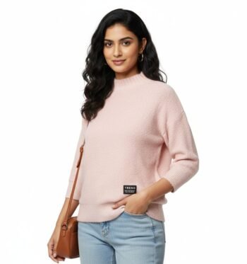 Women's Pink Textured High-Neck Sweater