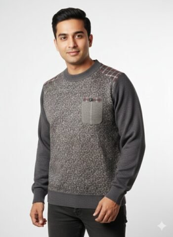 Patchwork Detail Mock Neck Sweater - Grey Marle
