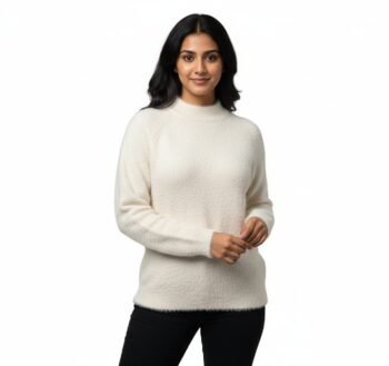Cloud-Soft Fuzzy Knit Mock Neck Sweater.