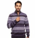 Bold Striped Quarter-Zip Sweater with Artistic Shoulder Print