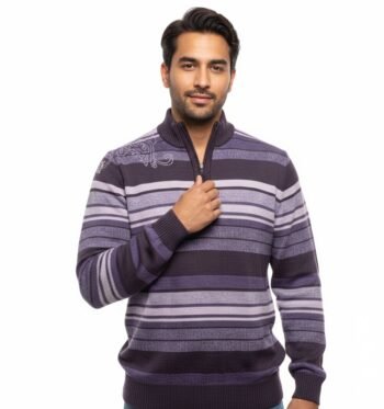 Bold Striped Quarter-Zip Sweater with Artistic Shoulder Print