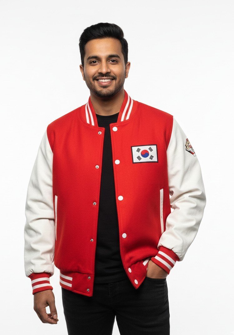 Red & White Varsity Jacket with Korean Flag Patch